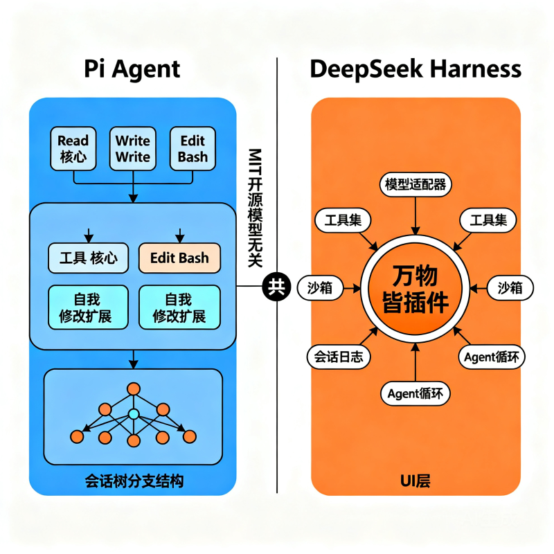 Pi Agent vs DeepSeek Harness：两种 Agent Harness 架构深度对比，附选型速查表
